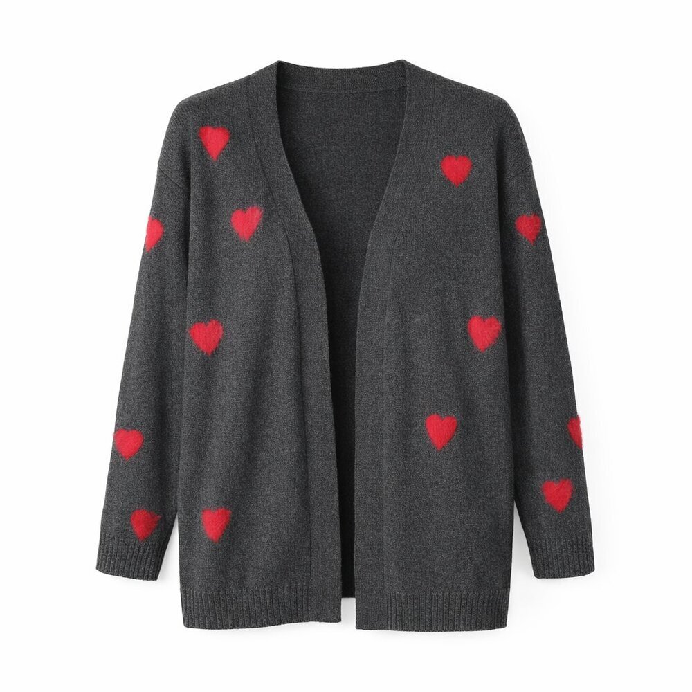 CELEBRATE TOGETHER Gray with Red Pink Hearts Open Front Cardigan Sweater Size S